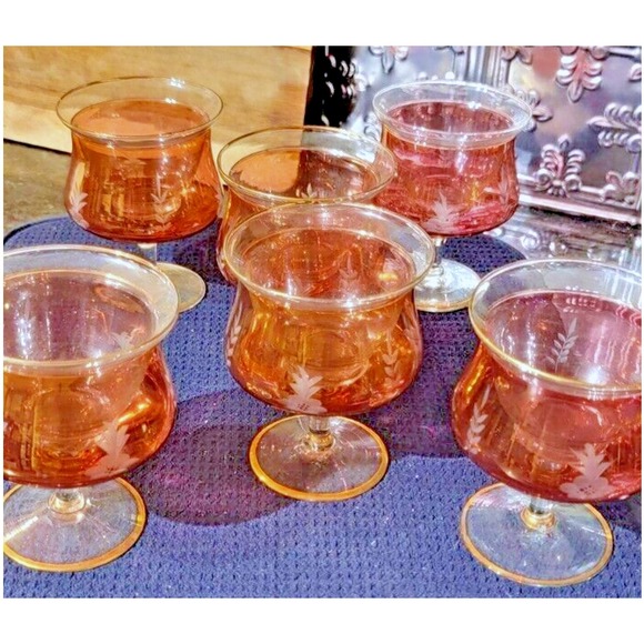 Shrimp Cocktail Chillers Set of 6 Rose Crystal Glasses w 22K Gold Trim & Etched - Picture 8 of 15
